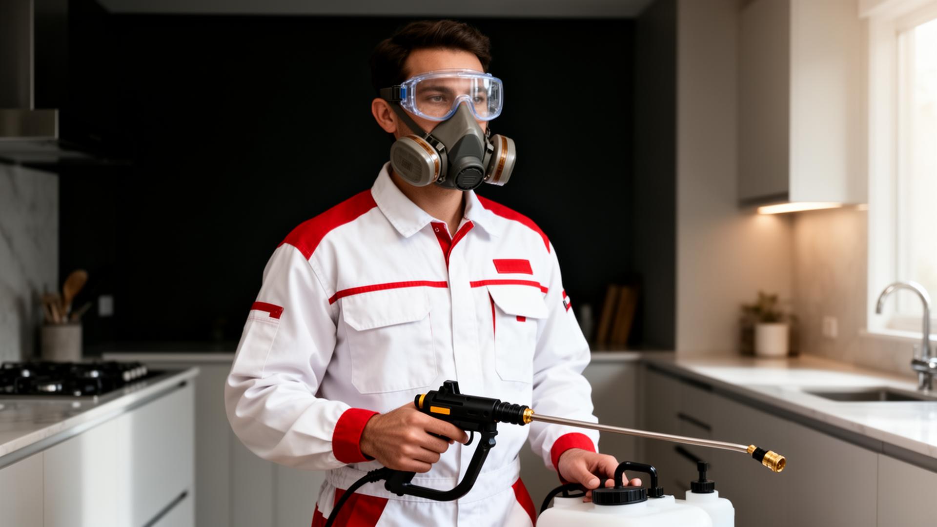 Técnico profissional de controle de pragas em ambiente residencial limpo